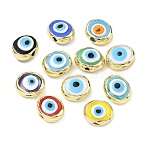 Handmade Evil Eye Lampwork Beads, Flat Round, with Brass, Rack Plating, Mixed Color, 20.5~21x16~17x9~12mm, Hole: 3.5~4mm(LAMP-D006-08G)