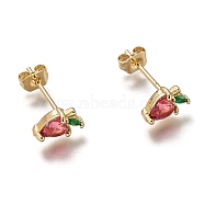 Brass Stud Earrings, with Cubic Zirconia and Ear Nuts, Apple, Cerise, Golden, 8x5.5mm, Pin: 0.7mm(X-ZIRC-I051-05G)