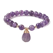 Natural Amethyst Stretch Bracelets with Teardrop Charms for Women, Inner Diameter: 2-3/8 inch(6cm)(BJEW-JB10110-05)