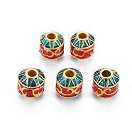 Rack Plating Alloy Enamel Beads, Cadmium Free & Nickel Free & Lead Free, Matte Gold Color, Barrel with Floral Pattern, Red, 9.5x9mm, Hole: 3mm(ENAM-N056-017)