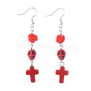 Dangle Earrings, with Synthetic Turquoise, Synthetic Howlite, Resin Beads, Iron Findings and Brass Earring Hooks, Rose & Skull & Cross, Red, 71~72mm, Pin: 0.6mm(EJEW-JE04036-01)