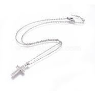 304 Stainless Steel Pendant Necklaces, with Brass Cubic Zirconia Pendants, Cross, Platinum & Stainless Steel Color, 17.32 inch~17.71 inch(44~45cm), Pendant: 24x13x3mm(NJEW-E141-17P)