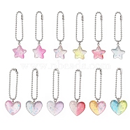 12Pcs 2 Styles Gradient Color Star & Heart Resin Pendant Decorations, with 201 Stainless Steel Ball Chain, Mixed Color, 7.2~7.6cm, 1pc/style(HJEW-JM00868)