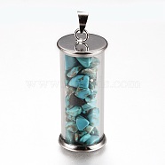 Alloy & Glass Wish Bottle Pendants, with Synthetic Turquoise Chips, Platinum, Column, 35x13.5mm, Hole: 4x3.5mm(G-Z017-05)