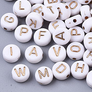 Plating Acrylic Beads, Metal Enlaced, Flat Round with Letter A~Z, Light Gold Plated, 7x4mm, Hole: 1.8mm(PACR-TAG0001-01)