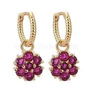Brass Micro Pave Cubic Zirconia Huggie Hoop Earrings, Long-Lasting Plated, Flower, Deep Pink, Real 18K Gold Plated, 24mm, Pin: 0.8mm(EJEW-K083-25G-C)
