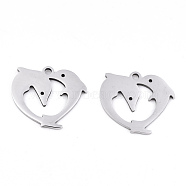 201 Stainless Steel Charms, Laser Cut, Heart with Dolphin, Stainless Steel Color, 14x16x0.9mm, Hole: 1.4mm(STAS-S081-081)