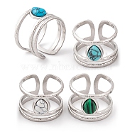 Teardrop 304 Stainless Steel Open Cuff Rings, Synthetic Turquoise & Malachite Rings for Women, Stainless Steel Color, 13mm, Adjustable(RJEW-G314-05P)