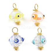 Glass Pendants, with Brass Loops and Alloy Daisy Spacer Beaded, Round with Evil Eye Charms, Mixed Color, 17x11x11mm, Hole: 3mm(PALLOY-JF02211)