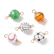Natural Wood Connector Charms, with Real 18K Gold Plated Copper Wire Wrapped, Dyed, Round with Ball Pattern, Mixed Color, 25~30.5x15~16mm, Hole: 3.5mm(PALLOY-JF01667)