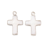 Natural Freshwater Shell Pendants, Cross Charms with Brass Edge, Silver Color Plated, Seashell Color, 19.5x12.5x2.5mm, Hole: 1.5mm(BSHE-S304-20P)