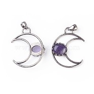 Natural Amethyst Pendants, with Brass Findings, Moon, Antique Silver, 38~38.5x30~31x6~7mm, Hole: 5x7mm(X-G-F639-07B)