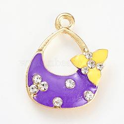 Enamel Style Alloy Rhinestone Pendants, HandBag, Dark Violet, 23x17x3mm, Hole: 2mm(ENAM-S108-349A)