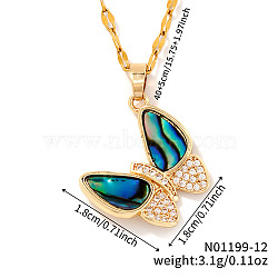 Brass Pave Paua Shell & Crystal Rhinestone Butterfly Pendant Dapped Chain Necklace for Women, Platinum, 15.75 inch(40cm)(VR6258-2)