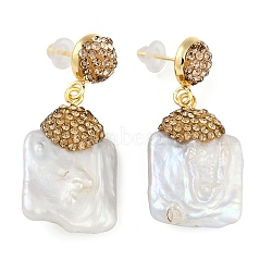 Rack Plating Nuggets Brass With Rhinestone & Natural Pearl Handmade Indonesia Stud Earrings, Long-Lasting Plated, Dark Goldenrod, 42x19mm(EJEW-U010-04A-G)