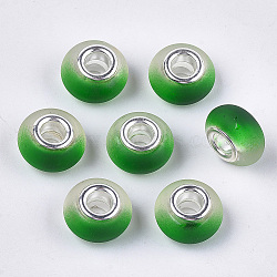 Resin European Beads, Large Hole Beads, with Silver Color Plated Brass Cores, Rubberized Style, Rondelle, Green, 14x8mm, Hole: 5mm(X-RPDL-S013-10D)