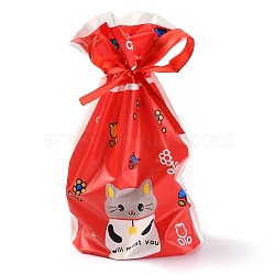 Plastic Baking Bags, Drawstring Bags, for Christmas Wedding Party Birthday Engagement Holiday Favor, Rectangle, Red, Cat Pattern, 22.3x15.1cm, about 45~50pcs/bag(ABAG-O003-10)