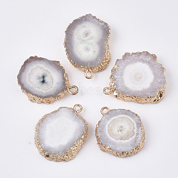 Natural Druzy Agate Pendants, with Brass Finding, Golden Tone Edge Plated, Nuggets, Rosy Brown, 22~33x18~25x5~7mm, Hole: 1.2~2mm(G-N325-04F)