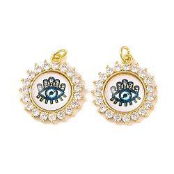 Rack Plating Brass Micro Pave Cubic Zirconia Pendants, with Glass, Long-Lasting Plated, Flower with Evil Eye, with Jump Ring, Real 18K Gold Plated, White, 23x20x5mm(KK-H486-21G-03)