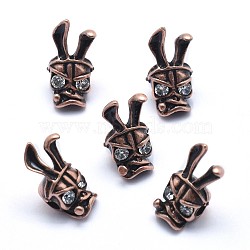 Brass Beads, with Clear Cubic Zirconia, Cadmium Free & Nickel Free & Lead Free, Skull, Red Copper, 15.5x7.5x7mm, Hole: 2mm(KK-J279-55R-NR)