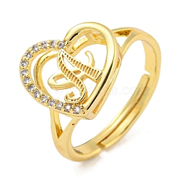 Heart with Letter Rack Plating Brass Micro Pave Cubic Zirconia Adjustable Rings for Women, Lead Free & Cadmium Free, Real 18K Gold Plated, Letter A, Inner Diameter: 16mm(RJEW-I105-06G-A)