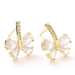 Clear Cubic Zirconia Butterfly Stud Earrings, Brass Jewelry for Women, Real 18K Gold Plated, 14.5x12.5mm, Pin: 0.6mm(EJEW-F298-05G)