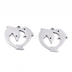 Non-Tarnish 201 Stainless Steel Charms, Laser Cut, Heart with Dolphin, Stainless Steel Color, 14x16x0.9mm, Hole: 1.4mm(STAS-S081-081)