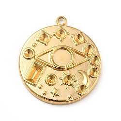 Ion Plating(IP) 304 Stainless Steel Pendant Rhinestone Settings, Pendant Cabochon Settings, Flat Round with Eye, Real 18K Gold Plated, Tray: 4mm, Fit for 1.6mm Rhinestone, 20.5x18x2.5mm, Hole: 1.5mm(STAS-P312-16G)