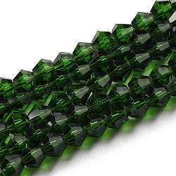 Transparent Glass Beads Strands, Faceted, Bicone, Dark Green, 6x6mm, Hole: 1mm, about 45~47pcs/strand, 9.65~9.84 inch(24.5~25cm)(EGLA-A039-T6mm-D25)