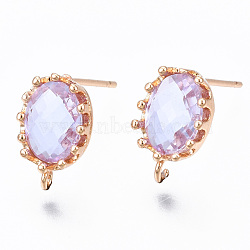 Brass Stud Earring Findings, with Glass and Loop, Long-Lasting Plated, Oval, Light Gold, Pearl Pink, 11.5x7.5mm, Hole: 1mm, Pin: 0.7mm(KK-S365-004C)