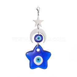 Handmade Evil Eye Lampwork Pendants Decorations, 201 Stainless Steel Moon Star and Lobster Claw Clasps Charms, Star, 108mm(HJEW-JM01008-05)