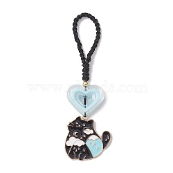 Cat Alloy Enamel Pendant Deciration, with Heart Acrylic Beads and Polyester Cords Hanging Ornaments, Black, 89mm(HJEW-JM02037)