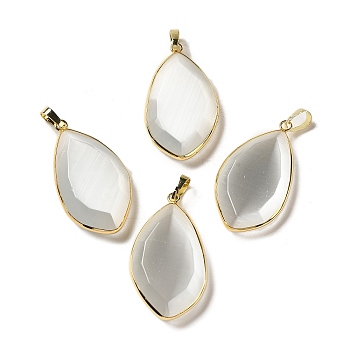 Cat Eye Pendants, with Rack Plating Brass Loops, Oval Charm, White, 36~36.5x19.5~20x6~6.5mm, Hole: 6.5x3.5mm