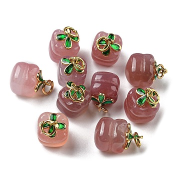Natural Agate Persimmon Charms with Brass Leaf and Jump Rings, Real 14K Gold Plated, 14x9.5~10x9.5~10mm, Hole: 3mm