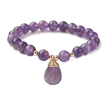 Natural Amethyst Stretch Bracelets with Teardrop Charms for Women, Inner Diameter: 2-3/8 inch(6cm)