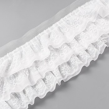 3-Layer Pleated Chiffon Flower Lace Trim, Polyester Ribbon for Jewelry Making, Garment Accessories, White, 5-1/8 inch(130mm)