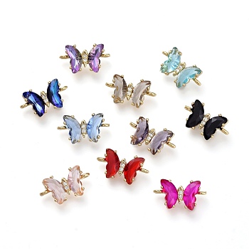 Glass Links Connectors, with Brass Micro Pave Cubic Zirconia, Faceted, Butterfly, Light Gold, Mixed Color, 8x14x5mm, Hole: 1.2mm