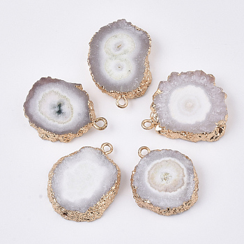 Natural Druzy Agate Pendants, with Brass Finding, Golden Tone Edge Plated, Nuggets, Rosy Brown, 22~33x18~25x5~7mm, Hole: 1.2~2mm
