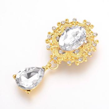 Alloy Flat Back Cabochons, with Acrylic Rhinestones, Oval and Teardrop, Golden, Faceted, Clear, 56x28x6mm, Pendant: 23x14x6mm