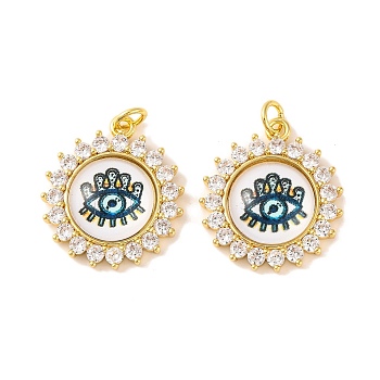 Rack Plating Brass Micro Pave Cubic Zirconia Pendants, with Glass, Long-Lasting Plated, Flower with Evil Eye, with Jump Ring, Real 18K Gold Plated, White, 23x20x5mm