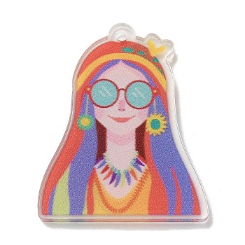 Girls Theme Printed Acrylic Pendants, Girl, Mixed Color, 40x32x3mm, Hole: 2mm