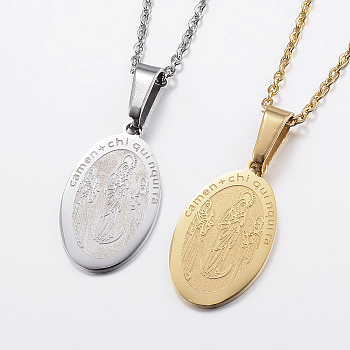 304 Stainless Steel Pendant Necklaces, Oval with Virgin Mary and Word, Mixed Color, 17.7 inch(45cm), 1.5mm