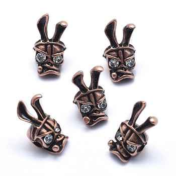 Brass Beads, with Clear Cubic Zirconia, Cadmium Free & Nickel Free & Lead Free, Skull, Red Copper, 15.5x7.5x7mm, Hole: 2mm