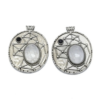 Natural Quartz Crystal Rock Crystal Oval Pendants, Rack Plating Antique Silver Plated Brass Pave Rhinestone Oval Charms, Cadmium Free & Lead Free, 45x35x8mm, Hole: 3.5mm