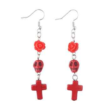 Dangle Earrings, with Synthetic Turquoise, Synthetic Howlite, Resin Beads, Iron Findings and Brass Earring Hooks, Rose & Skull & Cross, Red, 71~72mm, Pin: 0.6mm