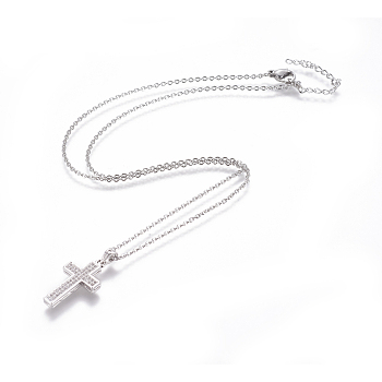 304 Stainless Steel Pendant Necklaces, with Brass Cubic Zirconia Pendants, Cross, Platinum & Stainless Steel Color, 17.32 inch~17.71 inch(44~45cm), Pendant: 24x13x3mm