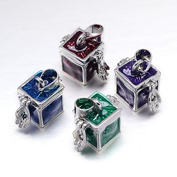 Cube with Flower Pattern Rack Plating Brass Enamel Prayer Box Pendants, Wish Box, Mixed Color, 16x10x17mm, Hole: 5x3mm