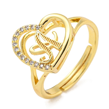 Heart with Letter Rack Plating Brass Micro Pave Cubic Zirconia Adjustable Rings for Women, Lead Free & Cadmium Free, Real 18K Gold Plated, Letter A, Inner Diameter: 16mm