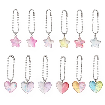 12Pcs 2 Styles Gradient Color Star & Heart Resin Pendant Decorations, with 201 Stainless Steel Ball Chain, Mixed Color, 7.2~7.6cm, 1pc/style