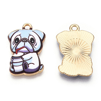 Printed Alloy Pendants, Light Gold,  Have Drink, Dog Charms, Light Blue, 22.5x15x1.5mm, Hole: 1.6mm